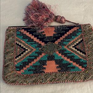 Beaded Aztec Pattern Wristlet Clutch in Teal & Coral